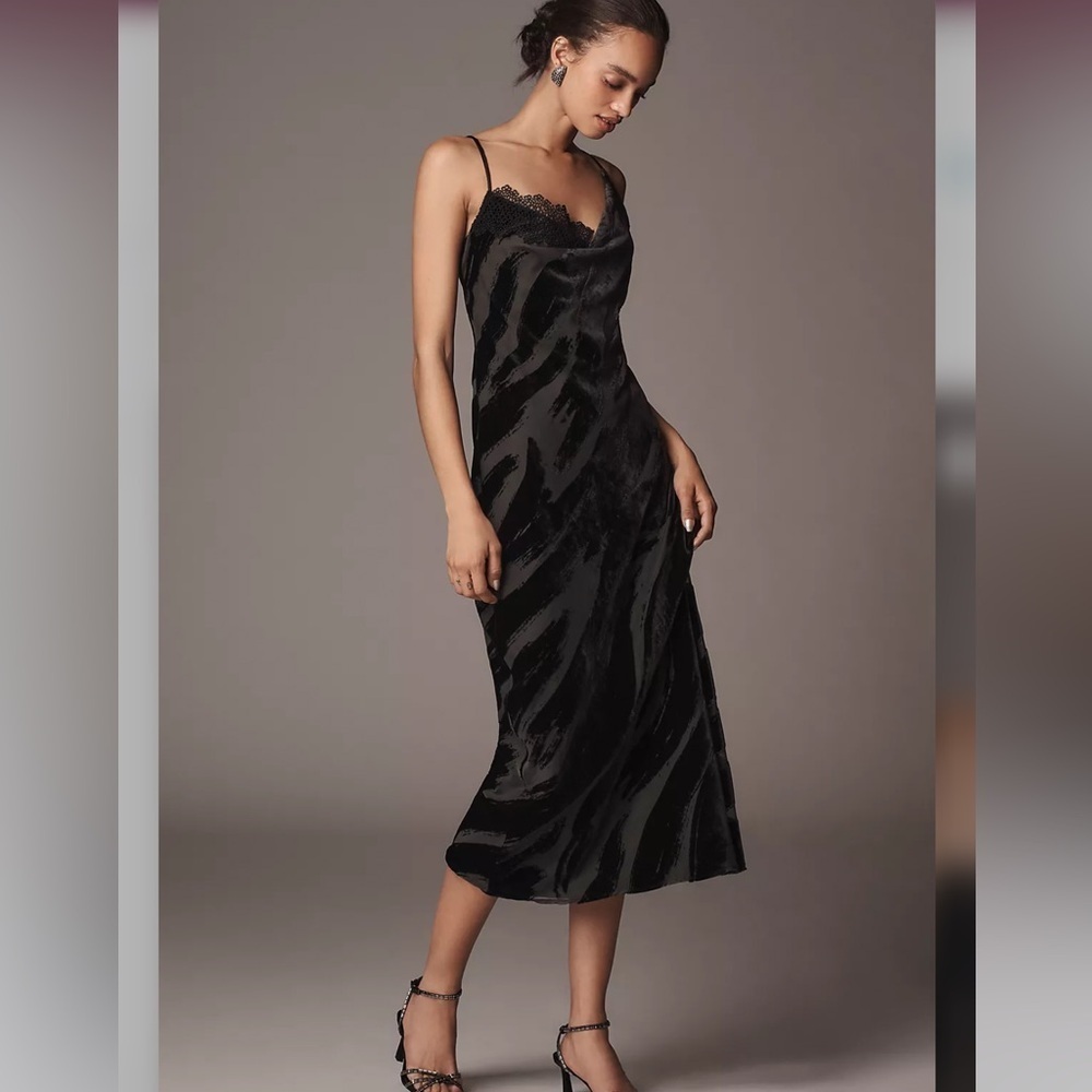 Anthropologie Slip Dress Women’s Small Cowl Neck Velvet Print Black O
